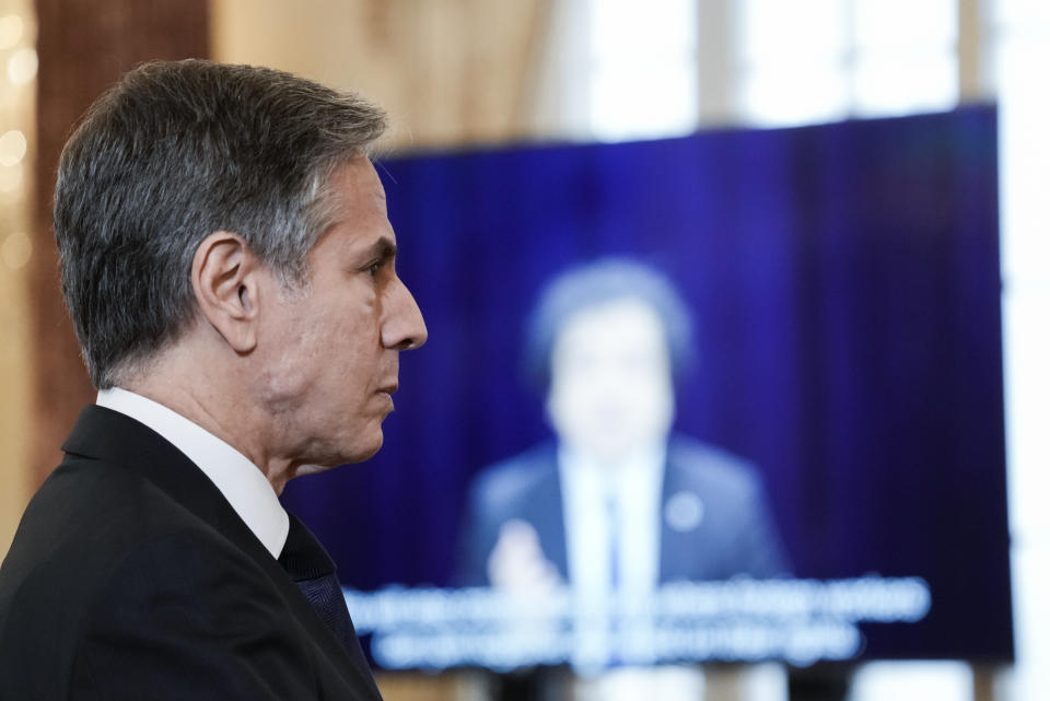 Secretary of State Antony Blinken speaks about the release of the State Department’s annual “Trafficking in Persons” report Wednesday, July 1, 2021, in Washington. The Biden administration on Thursday designated 17 countries as not doing enough to combat human trafficking and warned them of potential U.S. sanctions. (Ken Cedeno/Pool via AP)