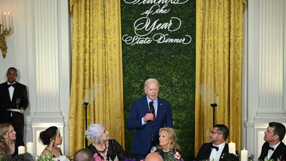 President Joe Biden speaks alongside Jill Biden during a 'Teachers of the Year' State Dinner in the State Dining Room of the White House in Washington, D.C., on May 2, 2024. (Photo by DREW ANGERER/AFP via Getty Images) (Drew Angerer/AFP via Getty Images)