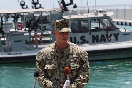 U.S. Navy Fifth Fleet Commander Sean Kido speaks to journalists at a U.S. NAVCENT facility near the port of Fujairah