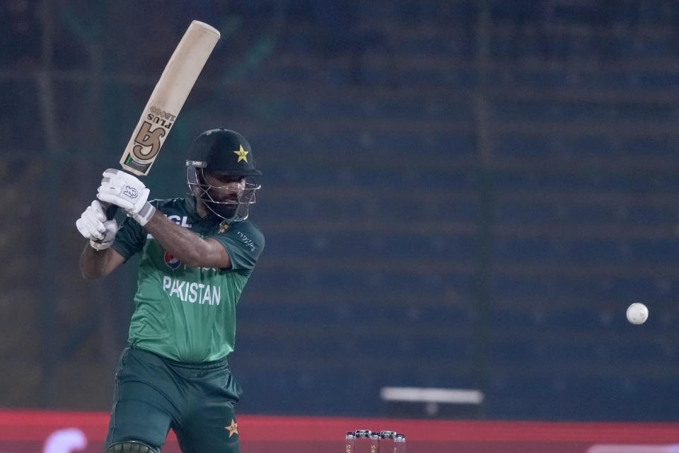 Pakistan's Fakhar Zaman plays a shot during the first one-day international cricket match between Pakistan and New Zealand, in Karachi, Pakistan, Monday, Jan. 9, 2023. (AP Photo/Fareed Khan)