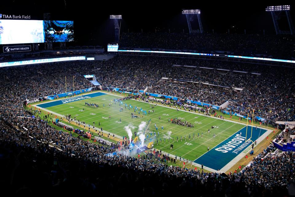 The Jacksonville Jaguars take to the field before the game of an NFL football regular season matchup AFC South division title game Saturday, Jan. 7, 2023 at TIAA Bank Field in Jacksonville. The Jacksonville Jaguars held off the Tennessee Titans 20-16. [Corey Perrine/Florida Times-Union]