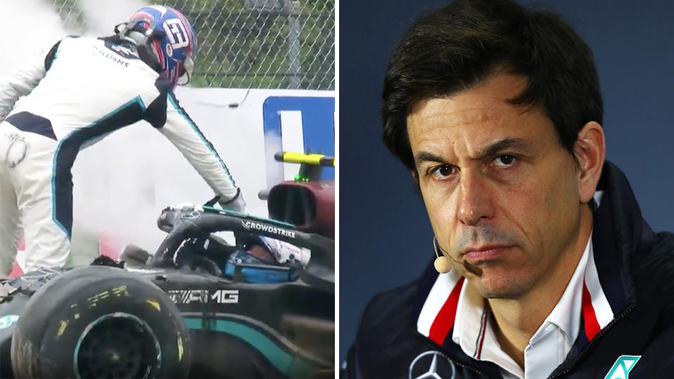 Mercedes boss was less than impressed with Williams driver George Russell after the British driver collided with Valtteri Bottas during the Emilia Romagna GP on Sunday. Pictures: F1/Getty Images