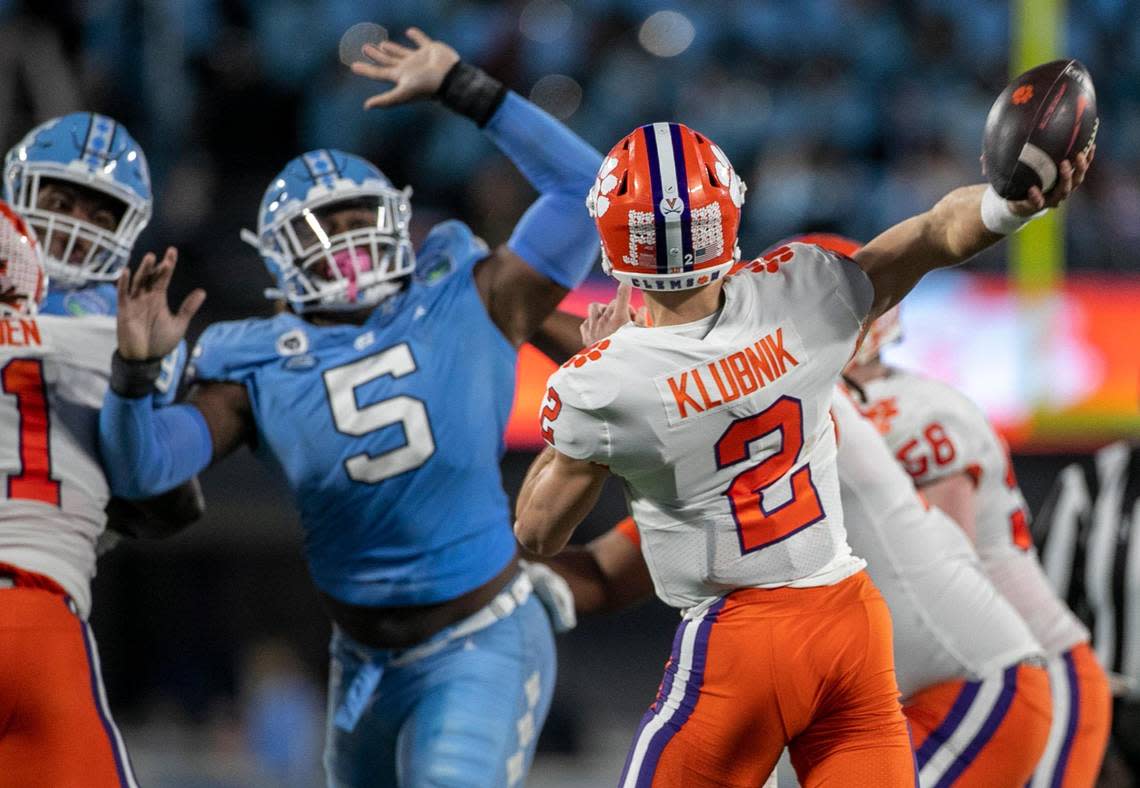 North Carolina’s Jahvaree Ritzie (5) pressures Clemson quarterback Cade Klubnik (2) in the second quarter during the ACC Championship game on Saturday, December 3, 2022 at Bank of American Stadium in Charlotte, N.C.