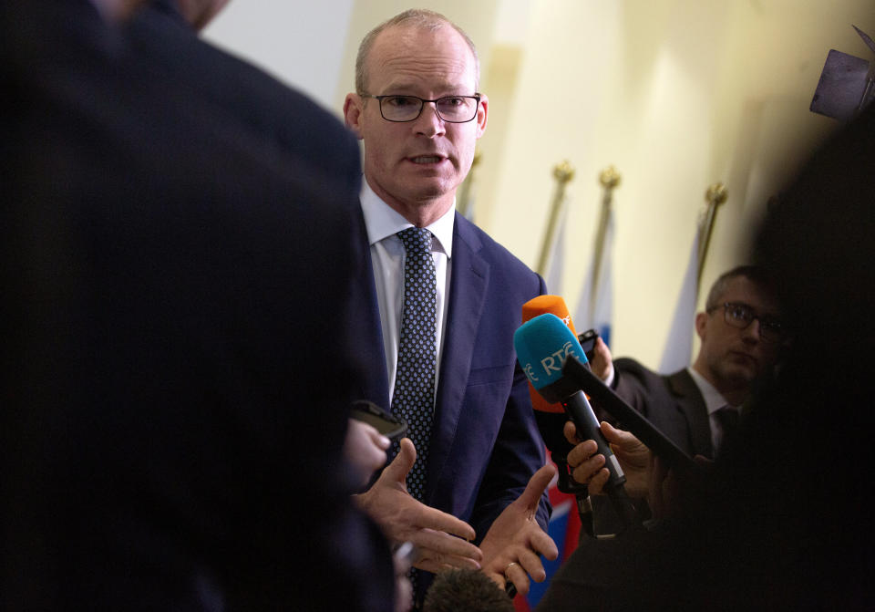 Irish Foreign Minister Simon Coveney speaks with the media after a meeting of EU General Affairs ministers, Article 50, at the European Convention Center in Luxembourg, Tuesday, Oct. 15, 2019. European Union chief Brexit negotiator Michel Barnier is in Luxembourg on Tuesday to brief ministers on the state of play for Brexit. (AP Photo/Virginia Mayo)