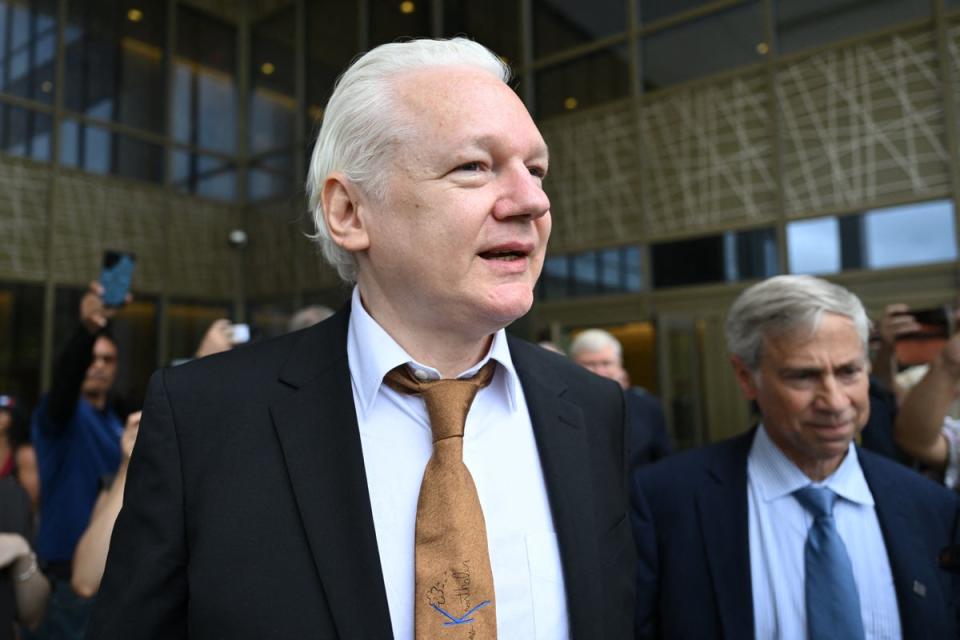 WikiLeaks founder Julian Assange leaves the US Federal Courthouse in the Commonwealth of the Northern Mariana Islands in Saipan, Northern Mariana Islands, on June 26, 2024 (AFP via Getty Images)