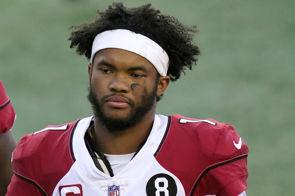 Arizona Cardinals quarterback Kyler Murray leaves the field after the first half of an NFL football game against the New England Patriots, Sunday, Nov. 29, 2020, in Foxborough, Mass. (AP Photo/Elise Amendola)