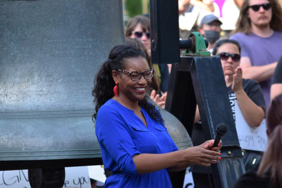 Ohio Rep. Emilia Sykes, D-Akron, speaks at the Fourth of July Freedom March in downtown Canton.