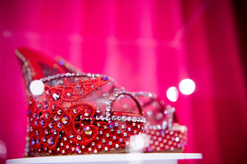 Shoes on display as part of Dolly Parton's wardrobe exhibition tied to her new book "My Life In Seams" at Lipscomb University Beaman Library in Nashville, Tenn., Wednesday, Oct. 25, 2023.