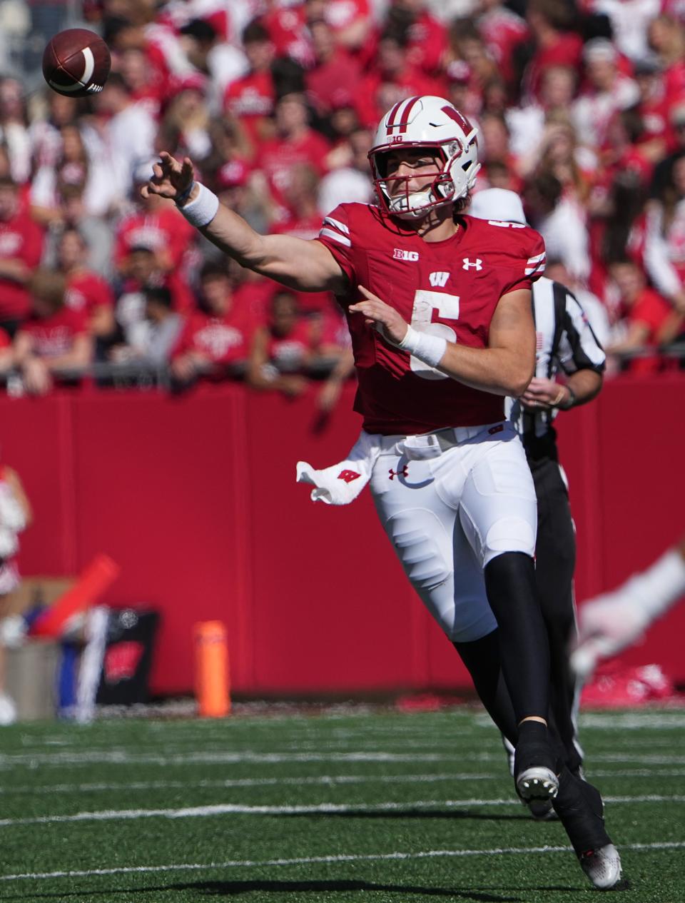 Graham Mertz (5) throws an incomplete pass during Wisconsin's 34-10 loss to Illinois at Camp Randall Stadium on Oct. 1, 2022.