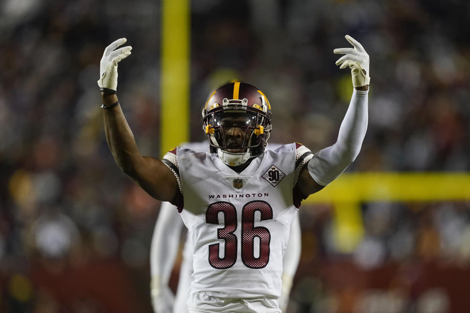 Washington Commanders cornerback Danny Johnson (36) gesturing towards the crowd during the second half an NFL football game against the Dallas Cowboys Sunday, Jan. 8, 2023, in Landover, Md. (AP Photo/Patrick Semansky)