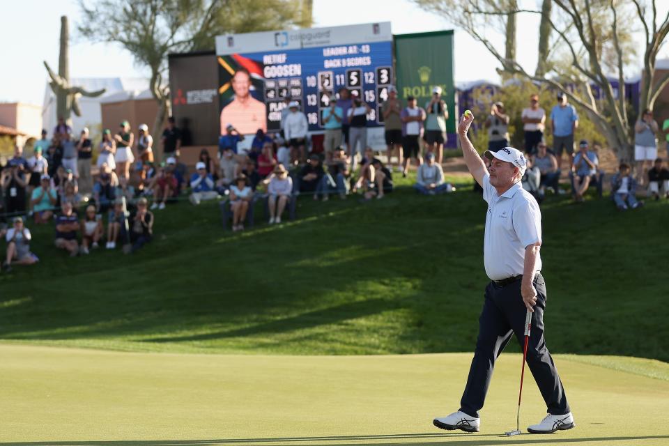 Joe Durant of the United States reacts after winning the Cologuard Classic at La Poloma Country Club on March 10, 2024, in Tucson, Arizona.