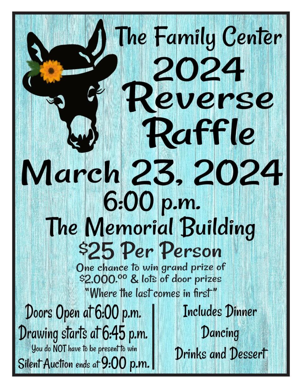 The Family Center will host its 2024 Reverse Raffle starting at 6 p.m. Saturday at The Memorial Building.