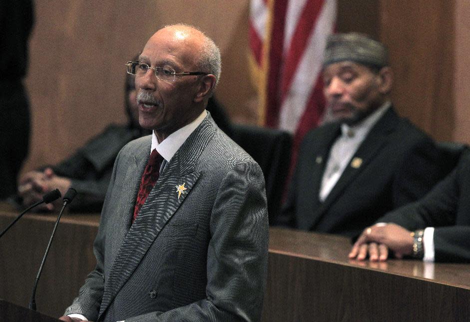 Detroit Mayor Dave Bing lays out his plans and highlights accomplishments in his third State of the City address in Detroit, Wednesday, March 7, 2012. In the background is Detroit Councilman Kwame Kenyatta. (AP Photo/Carlos Osorio)