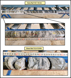 Composite images of the Home and Shaw’s Reef. Note sulphide reflections in silica replaced faults – conduit for gold