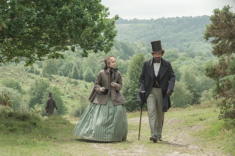 This image released by Sony Pictures Classics shows Felicity Jones, left, as Nelly Ternan, and Ralph Fiennes as Charles Dickens, in a scene from "The Invisible Woman." (AP Photo/Sony Pictures Classics, David Appleby)