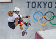 <p>Lilly Stoephasius during women's park skateboard at the Olympics at Ariake Urban Park, Tokyo, Japan on August 4, 2021. (Photo by Ulrik Pedersen/NurPhoto via Getty Images)</p> 
