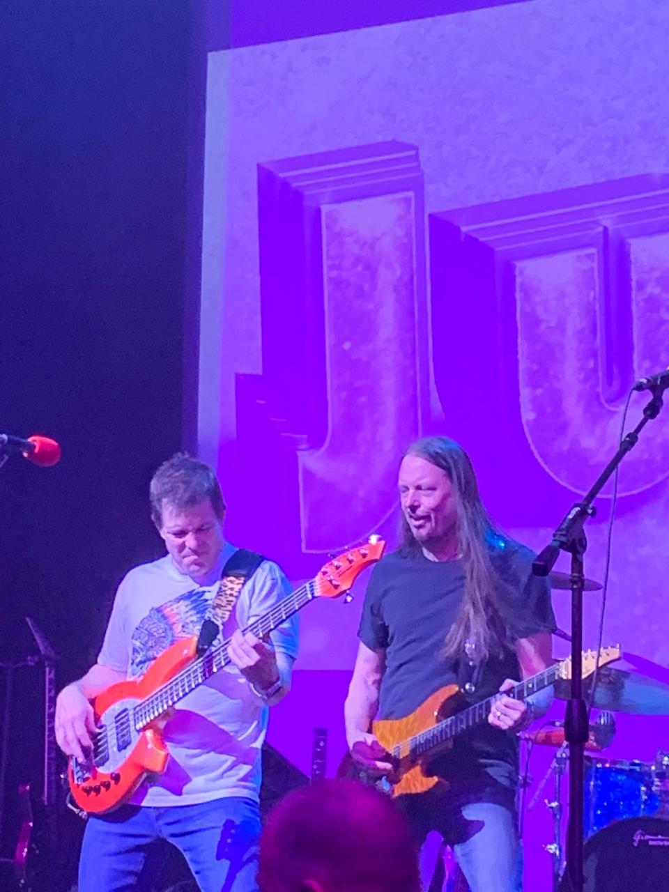 Winger-Whitesnake guitarist Reb Beach (right) joins local band Jukebox and bassist Dave Charles on stage at The Oaks in Oakmont.