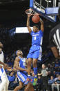 Memphis forward D.J. Jeffries (0) dunks in the first half of an NCAA college basketball game against Tulsa in Tulsa, Okla., Wednesday, Jan. 22, 2020. (AP Photo/Joey Johnson)