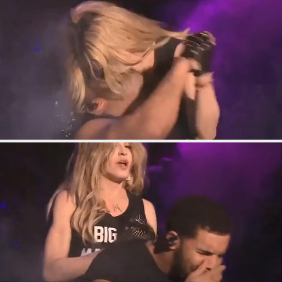 Madonna kissing Drake onstage
