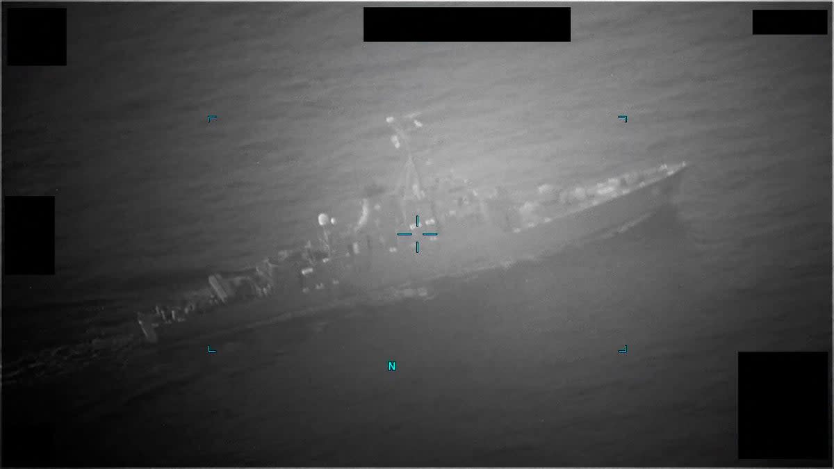 Image from a video screenshot of an Iranian naval vessel approaching the M/T Richmond Voyager to seize the commercial tanker in the Gulf of Oman on 5 July  (US Department of Defense/AFP via)