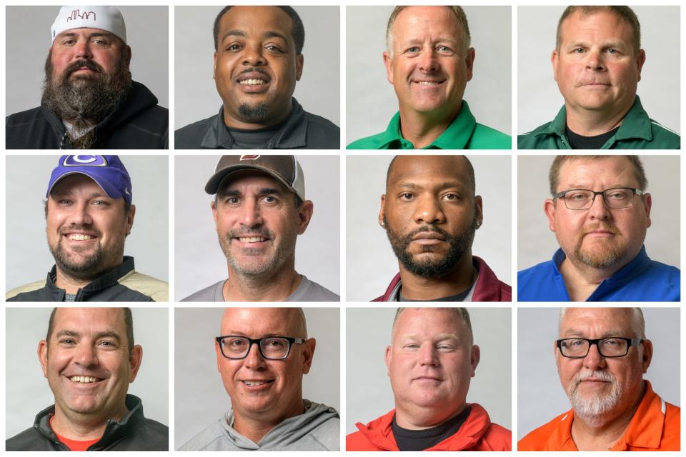 Peoria-area head football coaches in the Big 12 Conference and in the Mid-Illini Conference for 2023. Top row, left to right: Tim Thornton, Peoria High; Dennis Bailey, Manual; Pat Armstrong, Notre Dame; Jim Ulrich, Richwoods. Middle row, left to right: Nick Wright, Canton; Brett Cazalet, Dunlap; Dustin Jefferson, East Peoria; Jeff Schmider, Limestone. Bottom row, left to right: Jared Grebner, Metamora; Adam O'Neill, Morton; Doug Nutter, Pekin; Darrell Crouch, Washington.