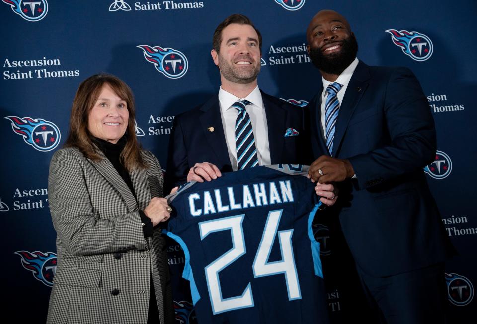 Tennessee Titans owner Amy Adams Strunk, left, Head Coach Brian Callahan, center, and Ran Carthon, general manager.