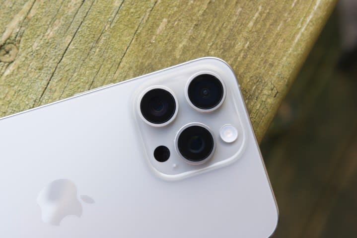 Close-up view of the cameras on the iPhone 15 Pro Max.