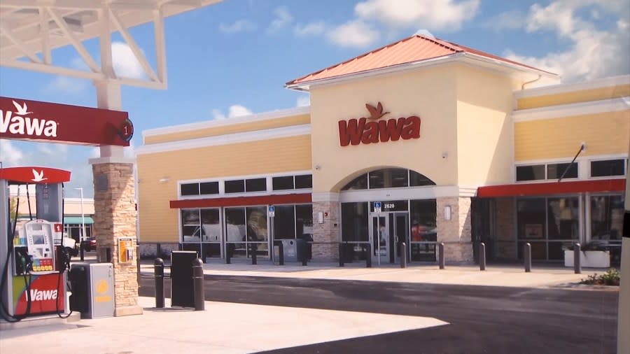 Exterior photo of a Wawa store, with one fuel pump in view, on a sunny day