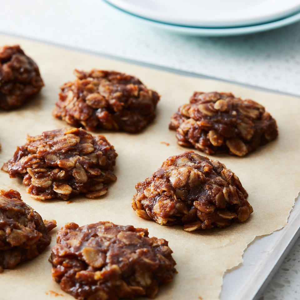 <p>Creamy natural peanut butter and chocolate team up in these easy and healthy no-bake cookies! Whip up a batch for after-school snacks, dessert or anytime your sweet tooth comes calling.</p> <p> <a href="https://www.eatingwell.com/recipe/281425/no-bake-peanut-butter-chocolate-cookies/" rel="nofollow noopener" target="_blank" data-ylk="slk:View Recipe;elm:context_link;itc:0;sec:content-canvas" class="link ">View Recipe</a></p>