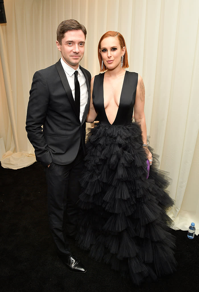 <p>Topher Grace and Rumer Willis stopped by the 2018 InStyle and Warner Bros. party at the Beverly Hilton Hotel. (Photo: Matt Winkelmeyer/Getty Images for InStyle) </p>