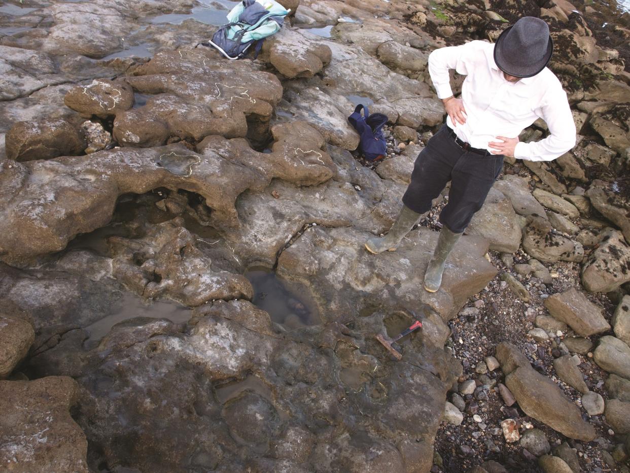 Phil Hadland and the trackway of dinosaur footprints (University of Portsmouth/PA)