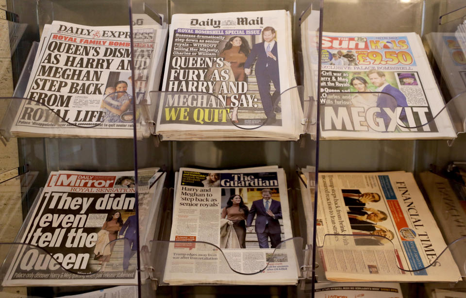 Newspapers are seen for sale in London, Thursday, Jan. 9, 2020. In a statement Prince Harry and his wife, Meghan, said they are planning &quot;to step back&quot; as senior members of the royal family and &quot;work to become financially independent.&quot;(AP Photo/Kirsty Wigglesworth)