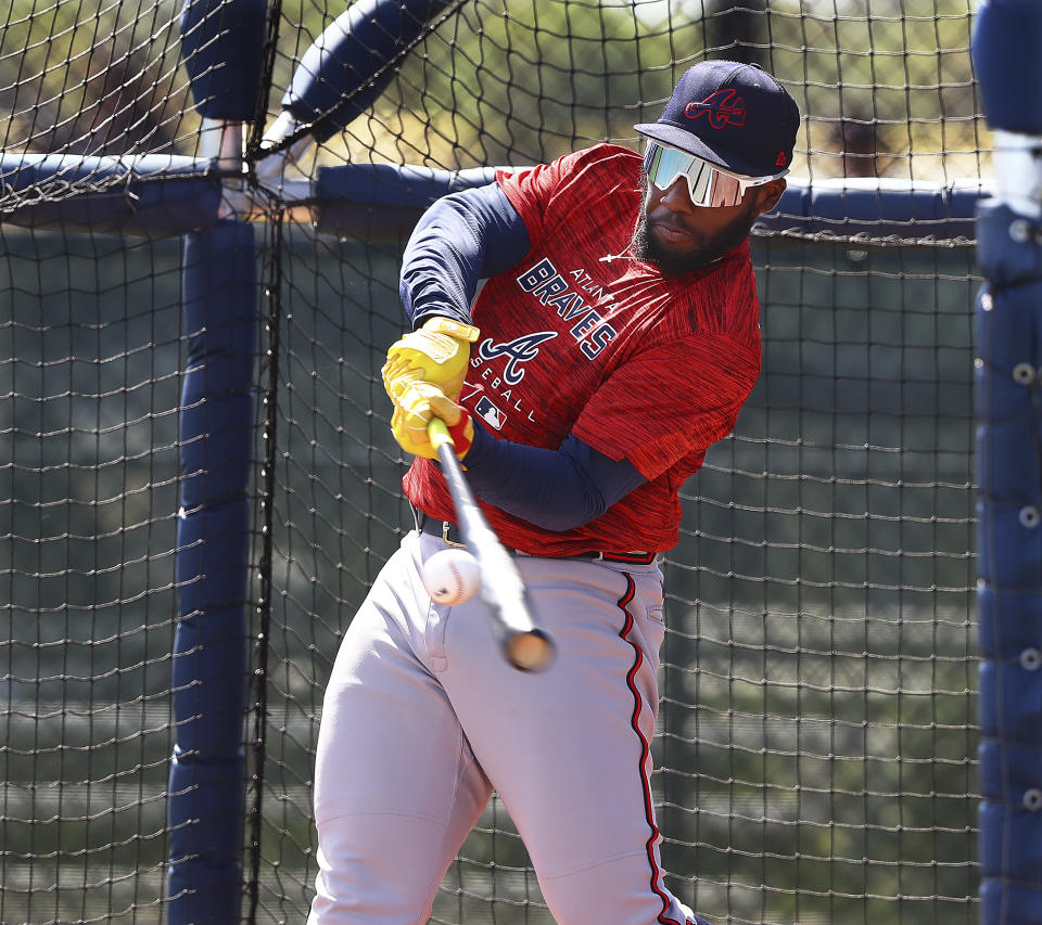 FILE - Atlanta Braves outfielder Michael Harris takes batting practice on the first day of Braves minor league spring training camp on Sunday, March 6, 2022, in North Port, Fla. The Braves, looking to upgrade their outfield defense, called up top prospect Harris from Double-A Mississippi on Saturday, May 28, 2022. (Curtis Compton/Atlanta Journal-Constitution via AP)