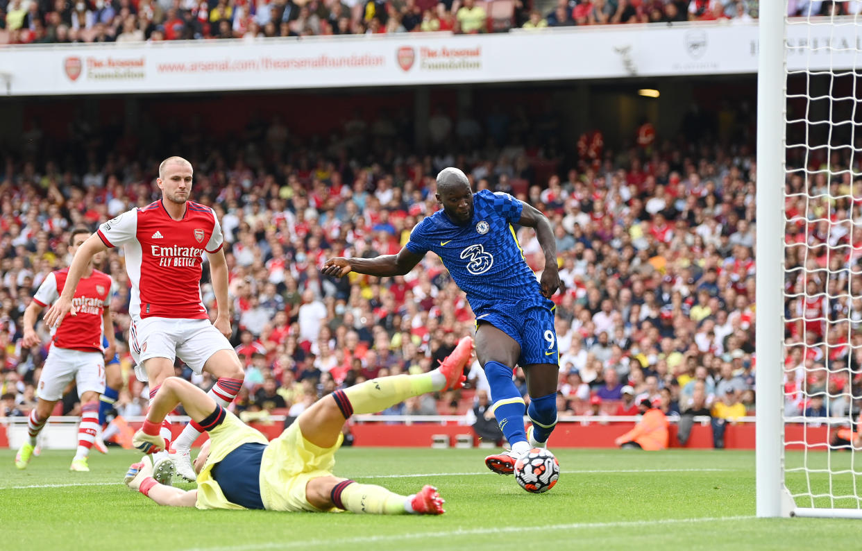 New Chelsea striker Romelu Lukaku scores their side's first goal against Arsenal. 