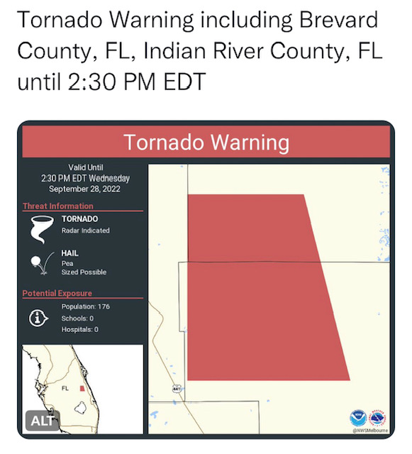 A tornado warning has been issued for southern Brevard and northern Indian River County until 2:30 p.m. Wednesday, Sept. 28, 2022.