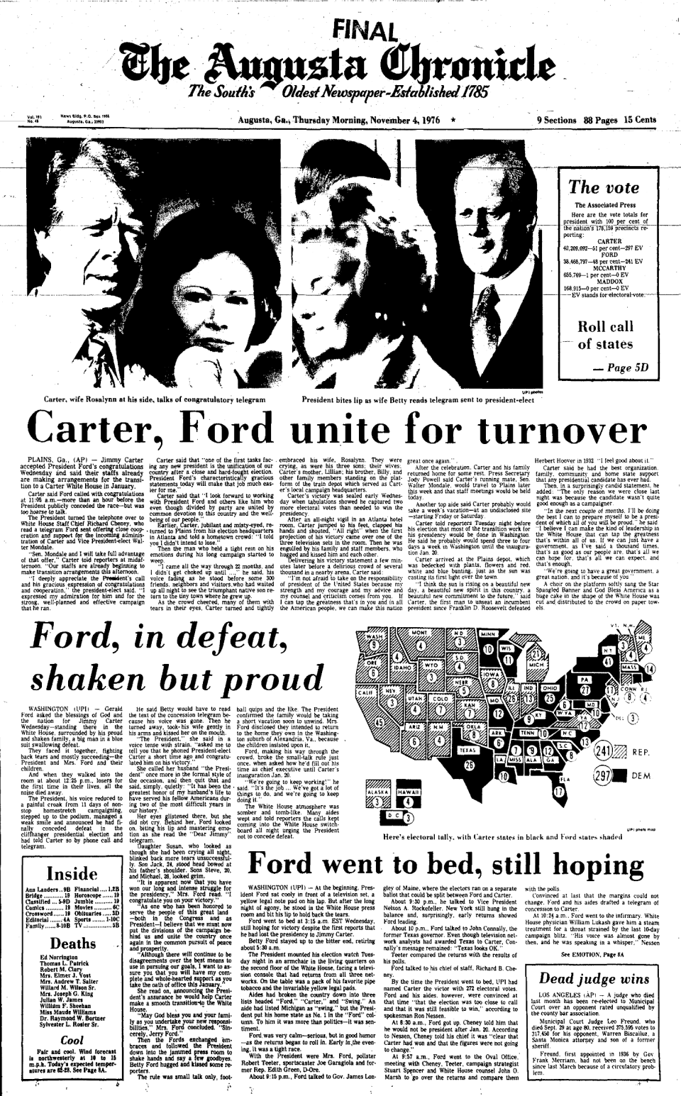 The front page of the Augusta Chronicle on November 4, 1976, the day after Jimmy Carter sealed his win for the presidency.