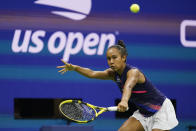 Leylah Fernandez, of Canada, returns a shot to Aryna Sabalenka,of Belarus, during the semifinals of the US Open tennis championships, Thursday, Sept. 9, 2021, in New York. (AP Photo/Seth Wenig)