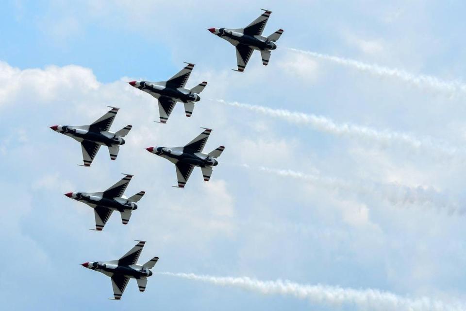 The United States Air Force Thunderbirds flew in formation as on the second and final day of the 2021 Kansas City Airshow at the New Century AirCenter in New Century, Kansas, July 4, 2021. This year, the Thunderbirds and the Blue Angels performed at the same show, which is rare.