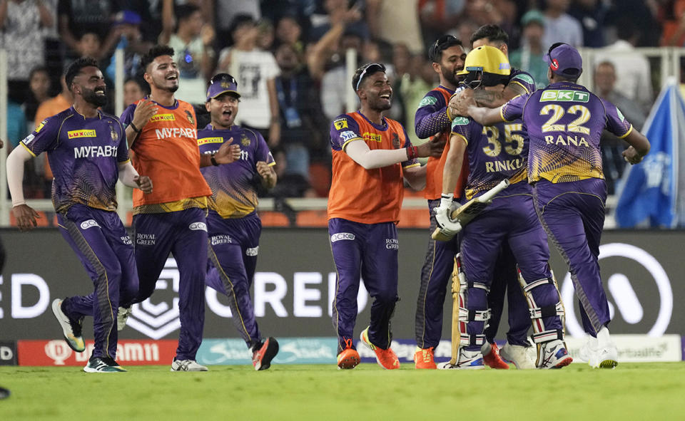 Rinku Singh, pictured here being mobbed by teammates after the Kolkata Knight Riders' victory.