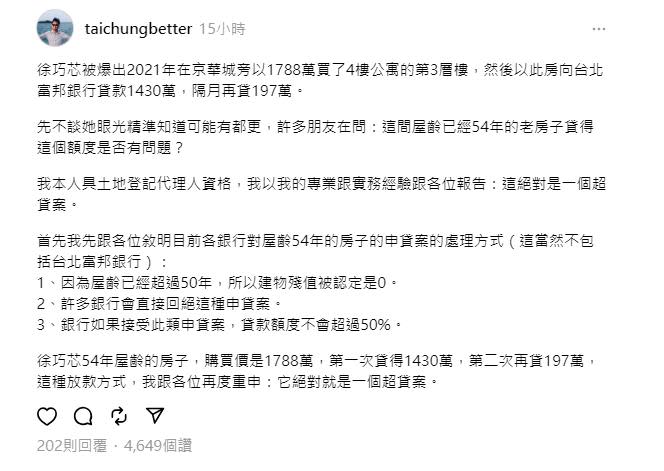 快新聞／徐巧芯「精準投資」中古屋爭議延燒　前議員再爆：絕對是超貸