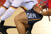 A detail shot of the legs of Robert Forstemann of Germany during the Men's Sprint Track Cycling Quarterfinals on Day 9 of the London 2012 Olympic Games at Velodrome on August 5, 2012 in London, England. (Getty Images)