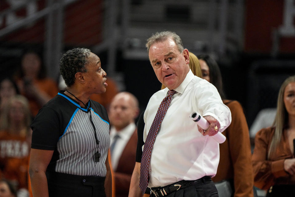 Texas head coach Vic Schaefer disputes a call during Monday night's home loss to Baylor at Moody Center. The Longhorns could have secured at least a share of the Big 12's regular-season title had they won.