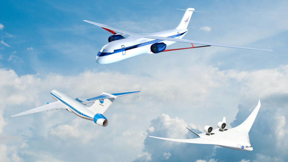 Illustration of three futuristic looking planes flying above the clouds.