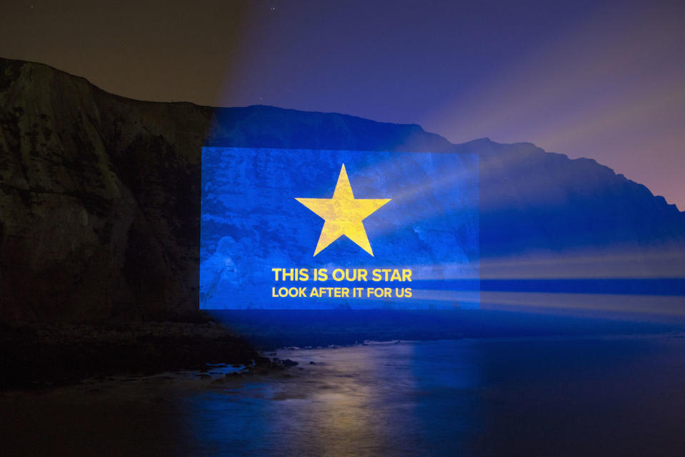 Handout photo issued by Led By Donkeys of a message reading 'this is our star, look after it for us' being projected onto the side of the White Cliffs of Dover. PA Photo. Picture date: Friday January 31, 2020. It comes ahead of the UK leaving the European Union at 11pm on Friday. See PA story POLITICS Brexit Cliffs. Photo credit should read: Led By Donkeys/PA Wire  NOTE TO EDITORS: This handout photo may only be used in for editorial reporting purposes for the contemporaneous illustration of events, things or the people in the image or facts mentioned in the caption. Reuse of the picture may require further permission from the copyright holder.