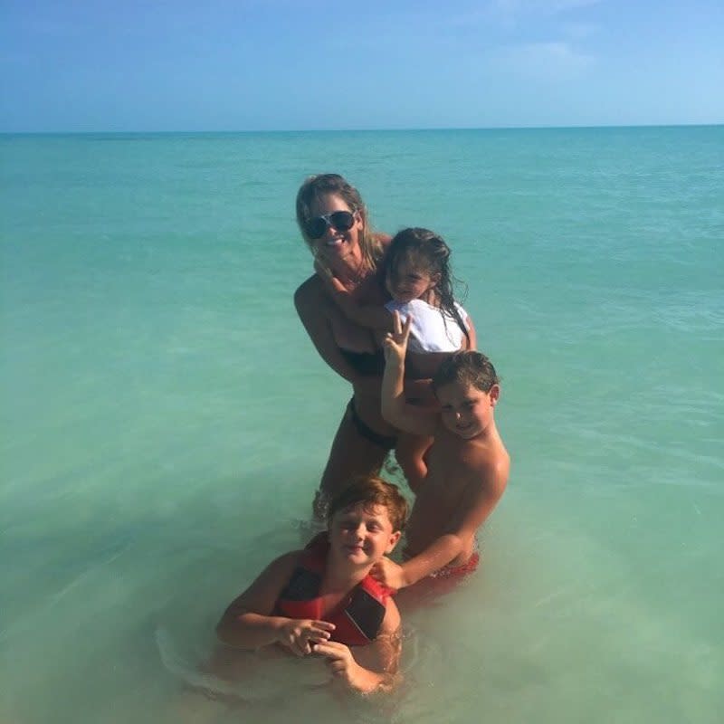 <p>It seems like they’ve been on vacation forever! Kim, 39, has been posting bikini pics for weeks, including this shot of her wading in the water with three of her children, “My gang.” (Photo: <a rel="nofollow noopener" href="https://www.instagram.com/p/BVFoAwMhfR6/" target="_blank" data-ylk="slk:Kim Zolciak via Instagram;elm:context_link;itc:0;sec:content-canvas" class="link ">Kim Zolciak via Instagram</a>) </p>