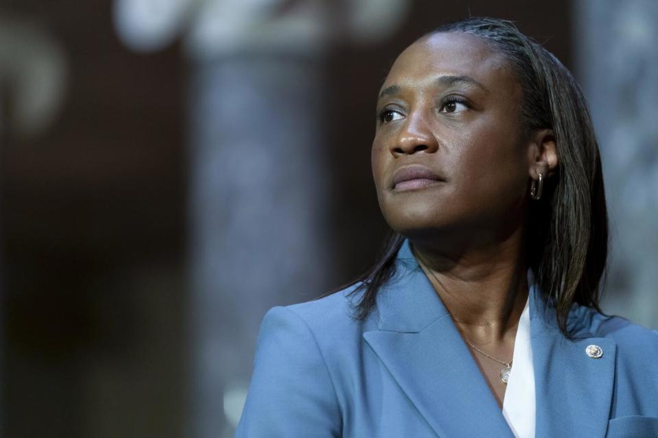 Sen. Laphonza Butler pictured from the shoulders up, gazing off to her right