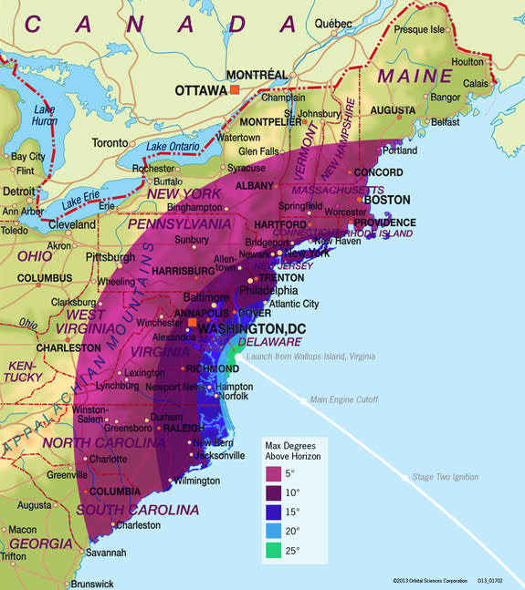 This map by Orbital Sciences Corp. shows the launch visibility possibilities for Orbital's Antares rocket on April 17, 2013. The rocket will launch from NASA's Wallops Flight Facility on Wallops Island, Va.