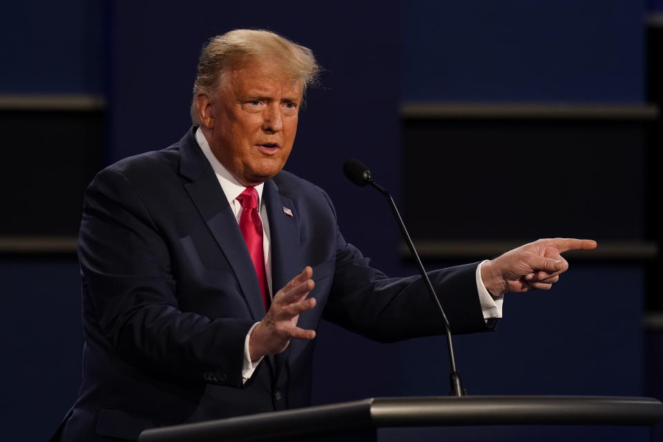 President Donald Trump gestures while speaking during the second and final presidential debate Thursday, Oct. 22, 2020, at Belmont University in Nashville, Tenn. (AP Photo/Patrick Semansky)