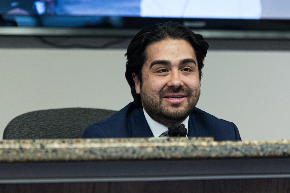 Newly elected District 2 city Rep. Josh Acevedo takes part of the council meeting after he is sworn in by Judge Josh Herrera on Tuesday, Jan. 30, 2024, at El Paso City Hall.