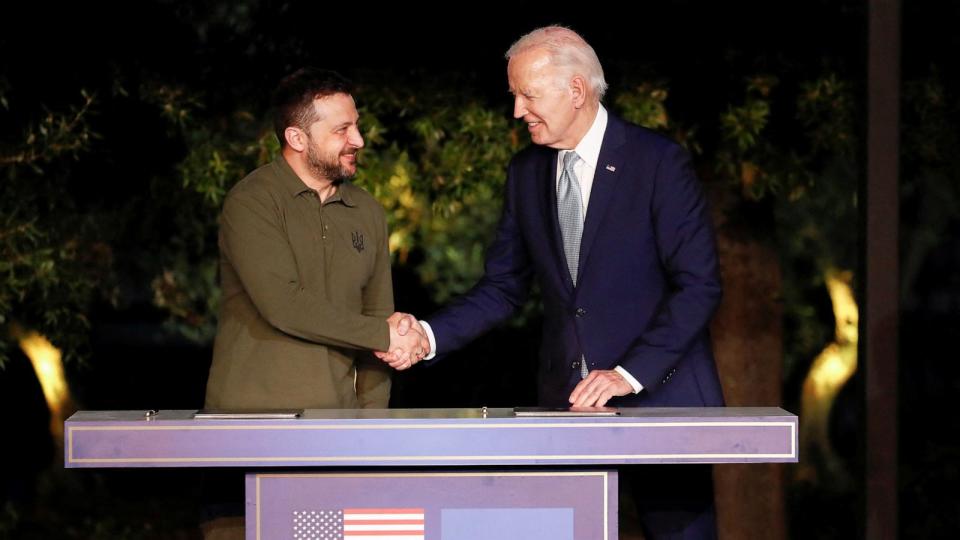 PHOTO: President Joe Biden and Ukrainian President Volodymyr Zelenskiy shake hands, during a press conference, on the day of a bilateral meeting on the sidelines of the G7 summit, in Fasano, Italy, June 13, 2024. (Alessandro Garofalo/Reuters)